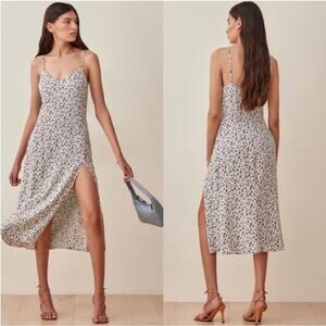 Reformation Crimini Midi Dress Mykonos Blue Floral Side Slit Womens Size 2
